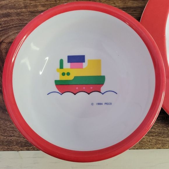 Vintage 1984 Peco Ware Melamine Children's Divided 3 Section Plate Red Bowl Set - Picture 2 of 9